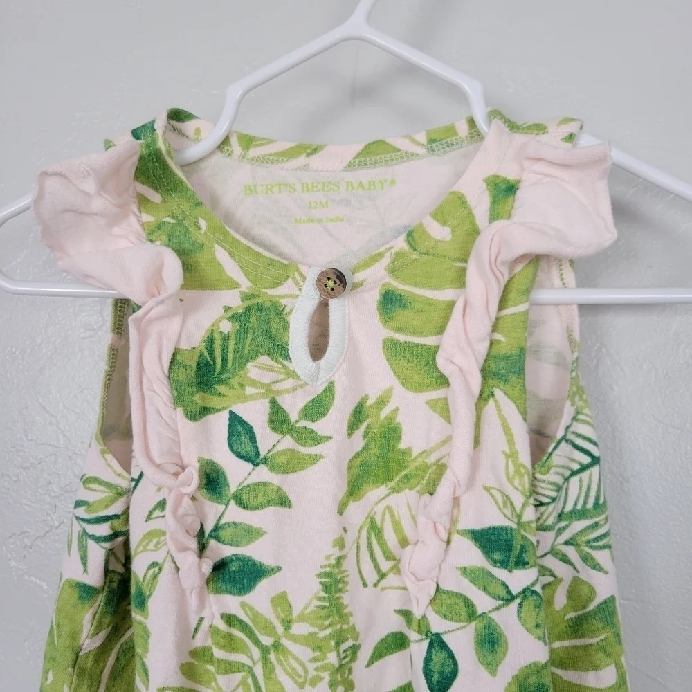 Burt's Bees Baby Girl 12 Months One Piece Jumpsuit Tropical Leaf Light Pink Tank